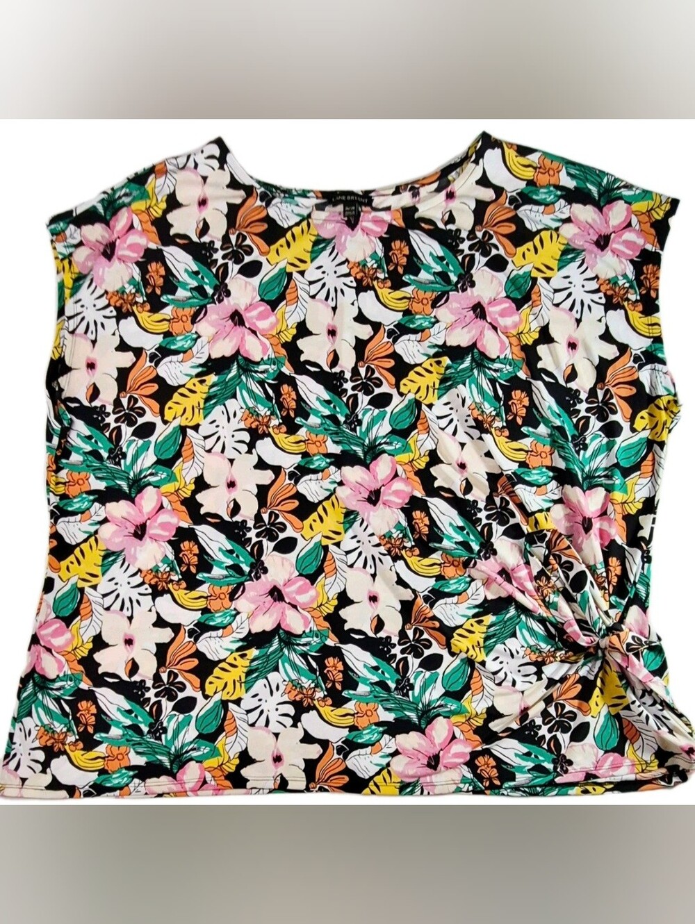 Lane Bryant Floral Tropical Print Short Sleeve Top - Black, Pink, Green, Yellow